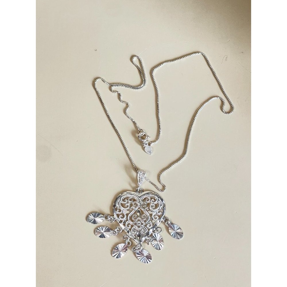 Valentine Dangling Heart Sterling Filigree Necklace 925 Turkey 16" - Picture 12 of 15